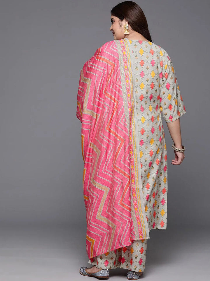 Plus Size Multi Printed Silk Blend Straight Kurta With Trousers & Dupatta - Libas