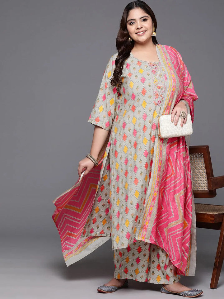 Plus Size Multi Printed Silk Blend Straight Kurta With Trousers & Dupatta - Libas