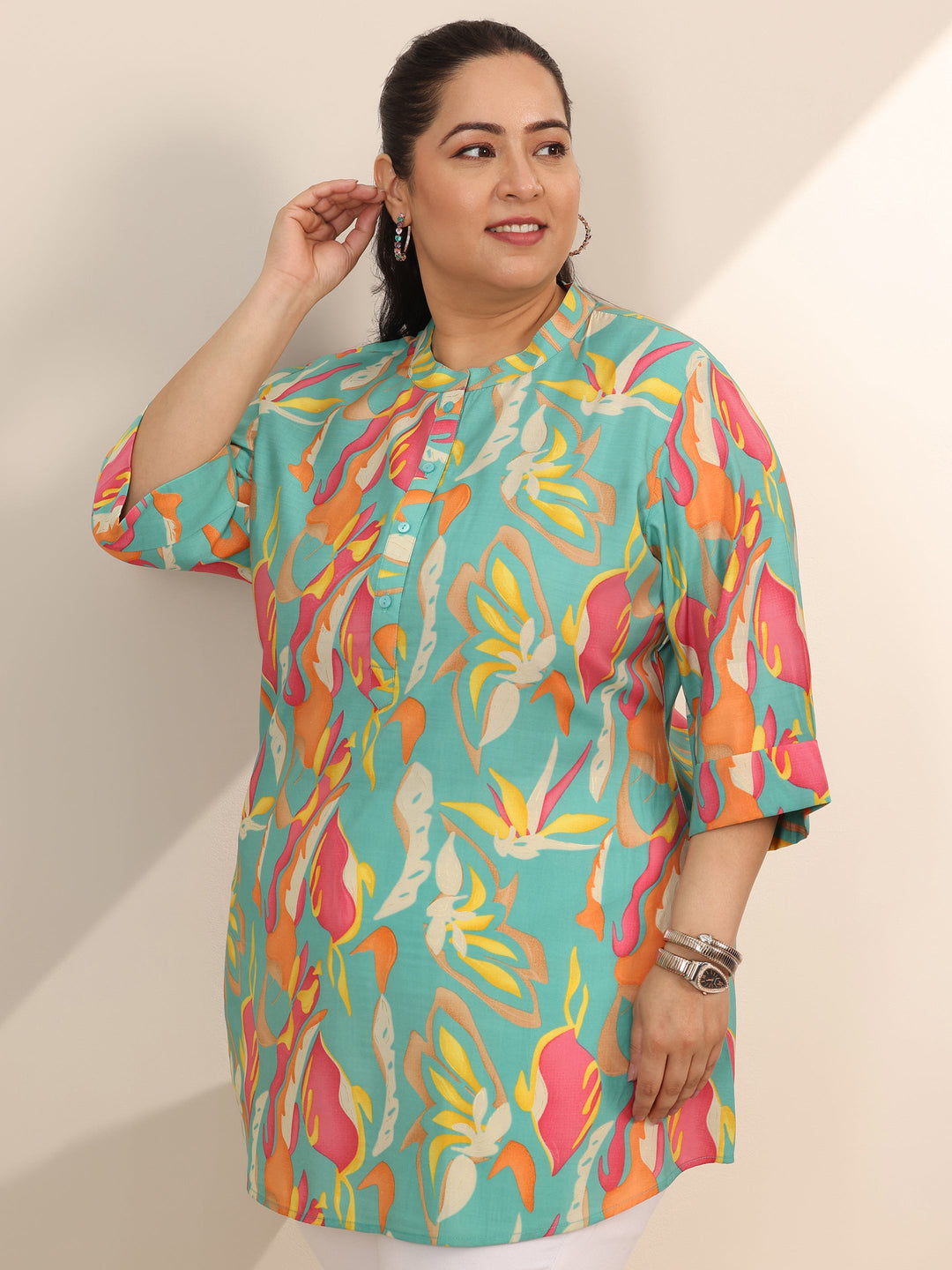  Plus Size Multi Printed Silk Blend Straight Short Kurti 