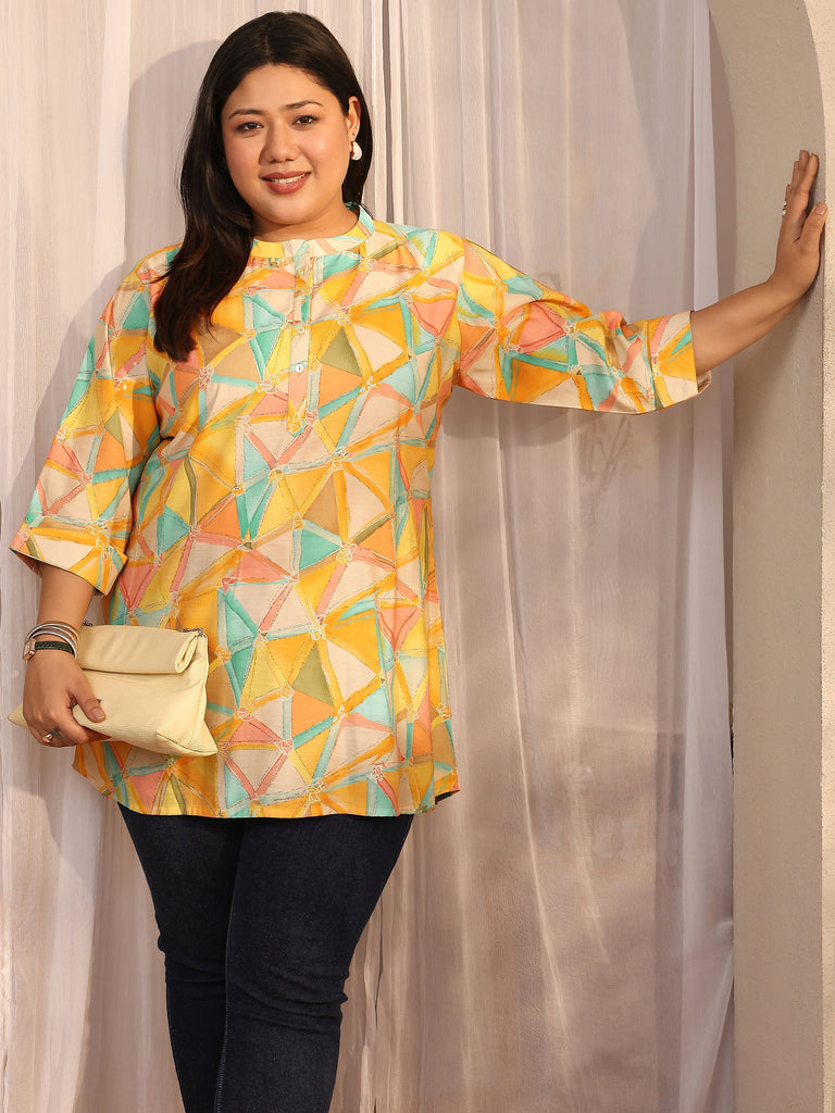 Plus Size Multi Printed Silk Blend Straight Short Kurti