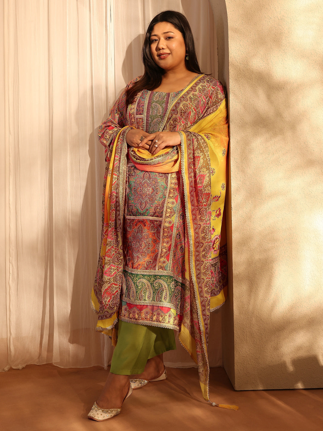 Plus Size Multi Printed Silk blend Straight Suit Set With Dupatta