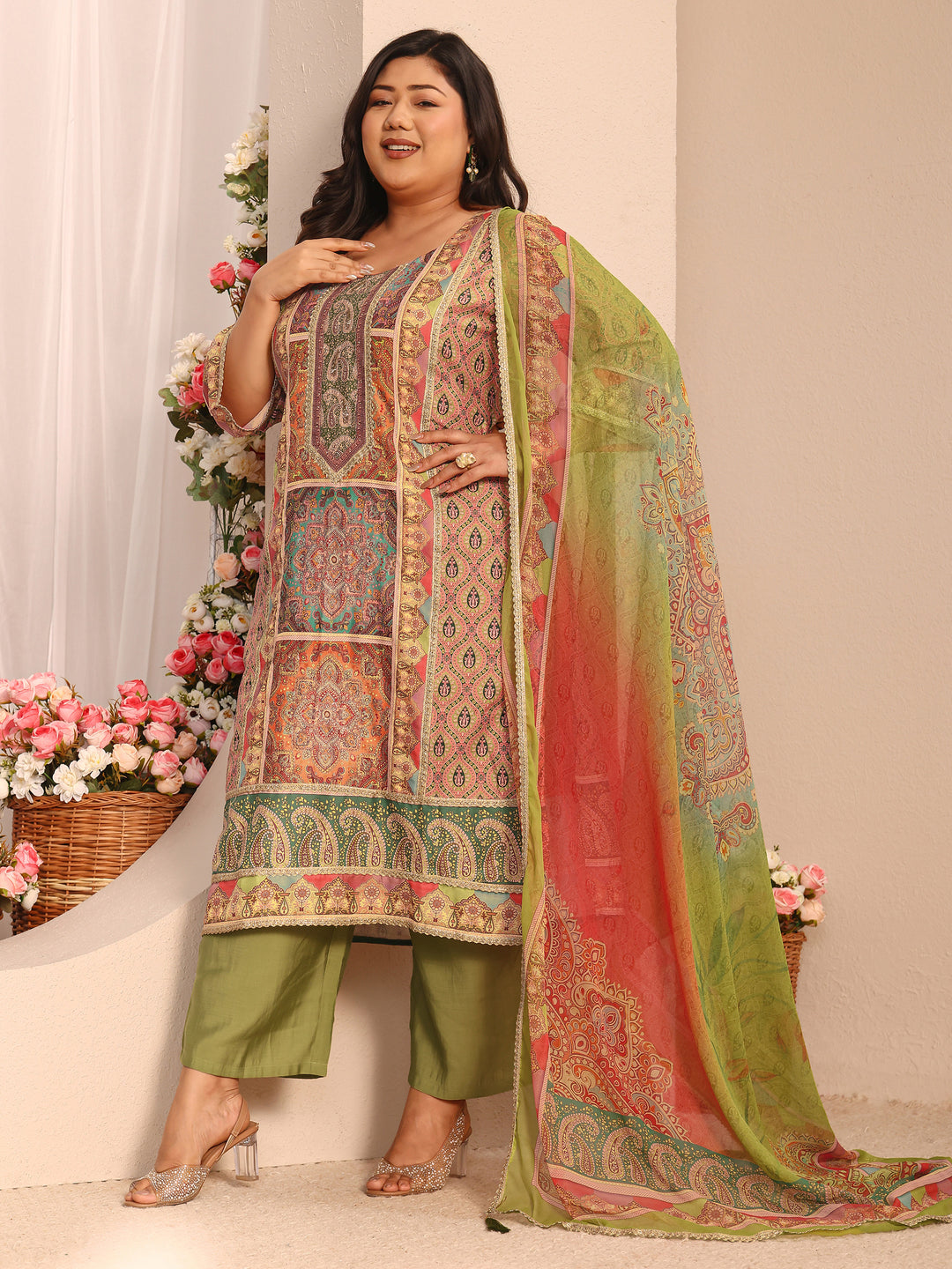Plus Size Multi Printed Silk blend Straight Suit Set With Dupatta