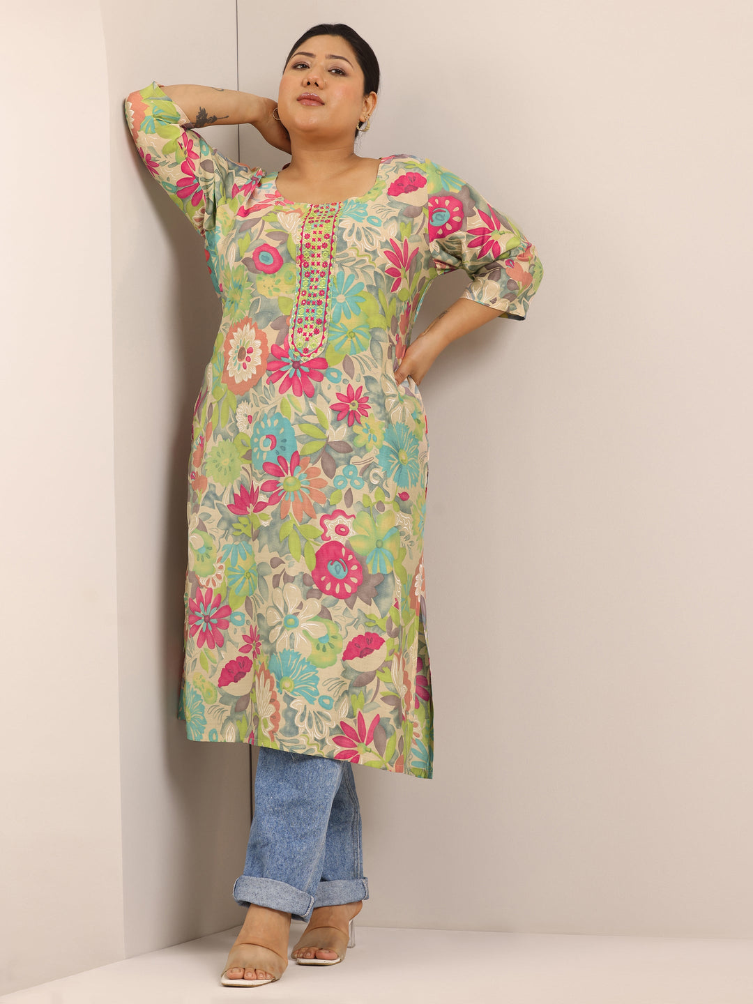  Plus Size Multi Printed Silk Straight Kurta 