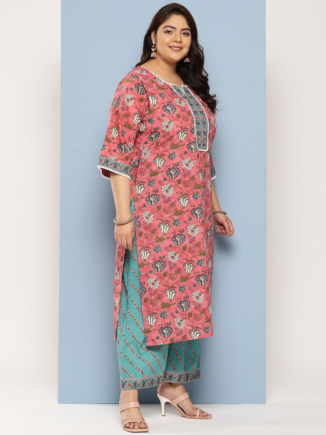 Plus Size Multicolored Printed Cotton Straight Suit Set - Libas