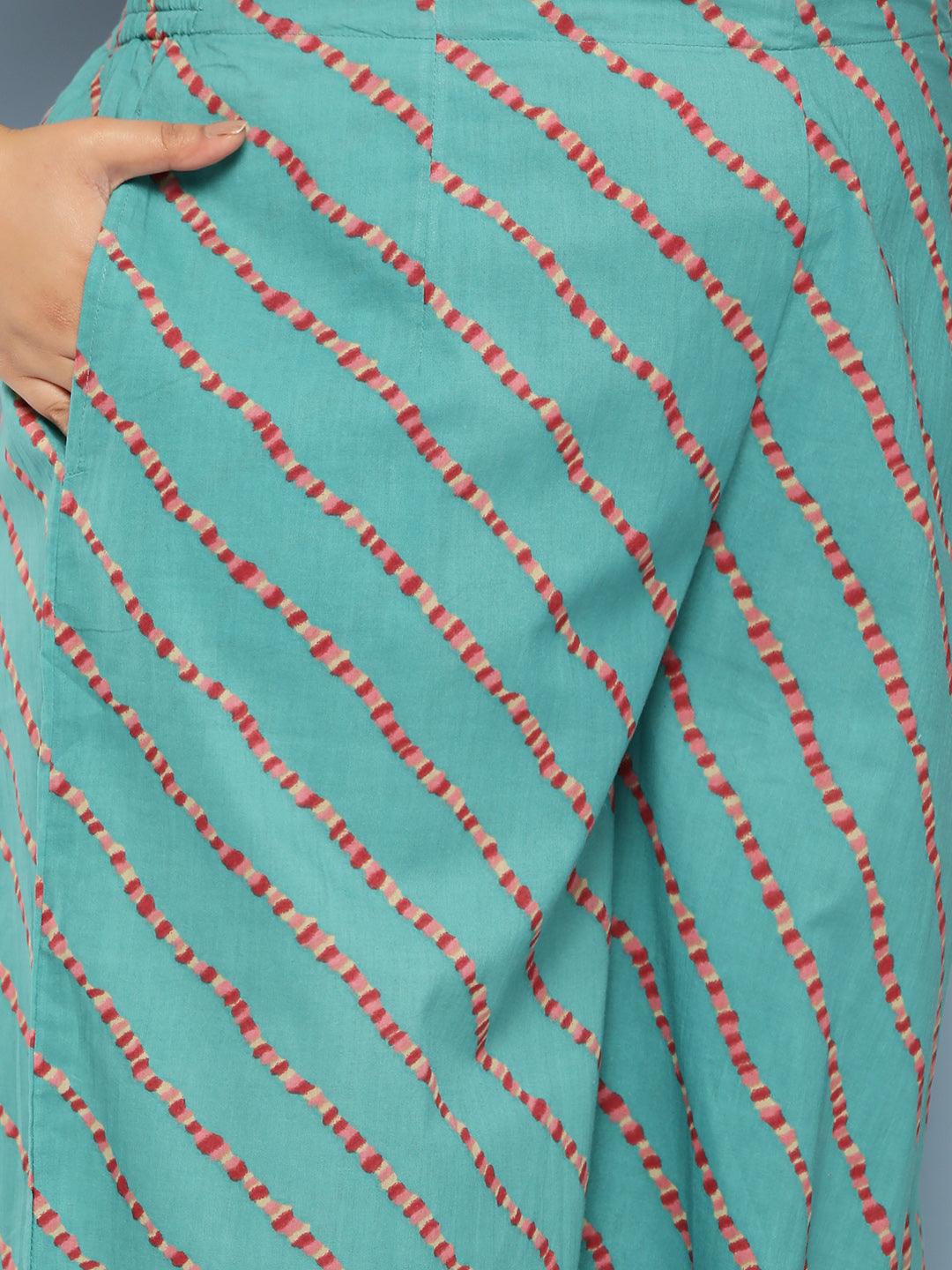 Plus Size Multicolored Printed Cotton Straight Suit Set - Libas