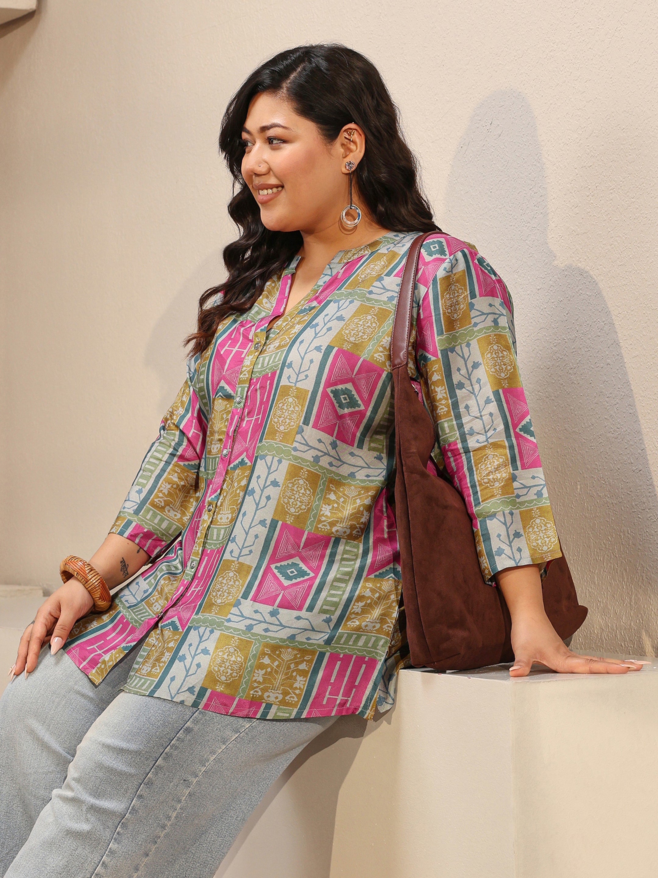 libas Plus Size Multicolour Ethnic Printed Silk blend Shirt-picture-50
