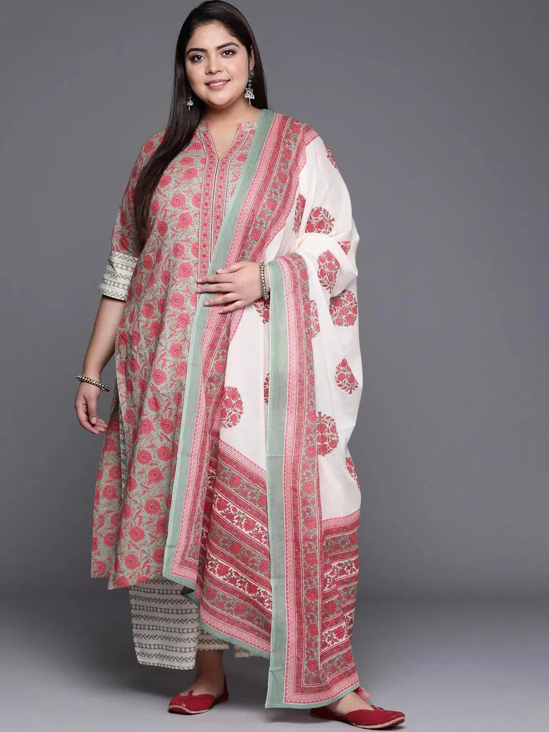 Plus Size Multicoloured Printed Cotton Suit Set - Libas