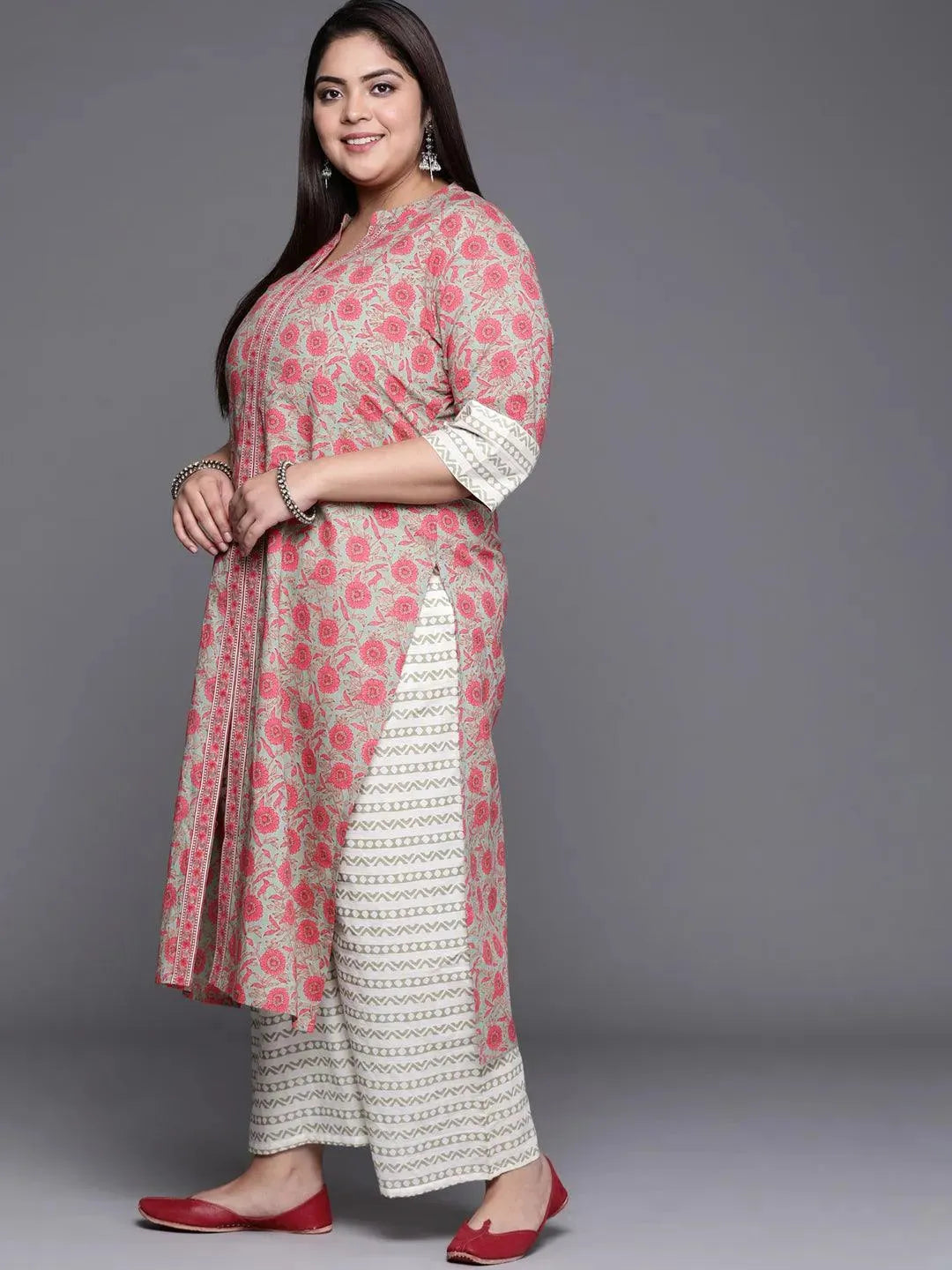 Plus Size Multicoloured Printed Cotton Suit Set - Libas