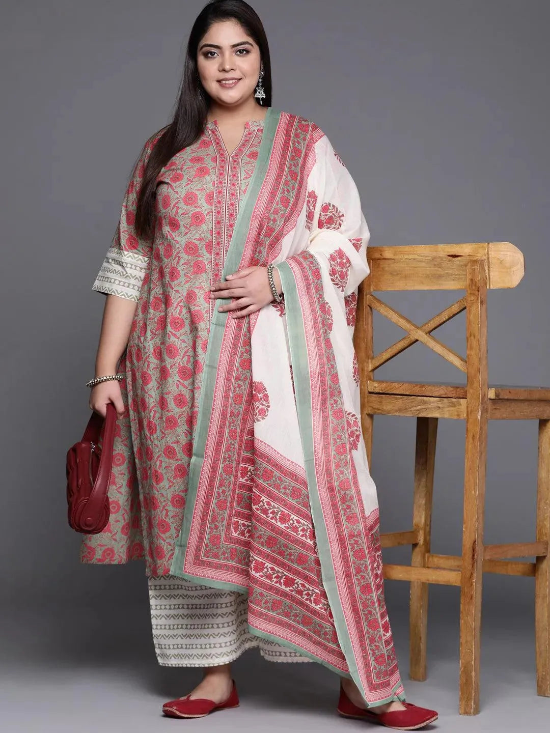 Plus Size Multicoloured Printed Cotton Suit Set - Libas