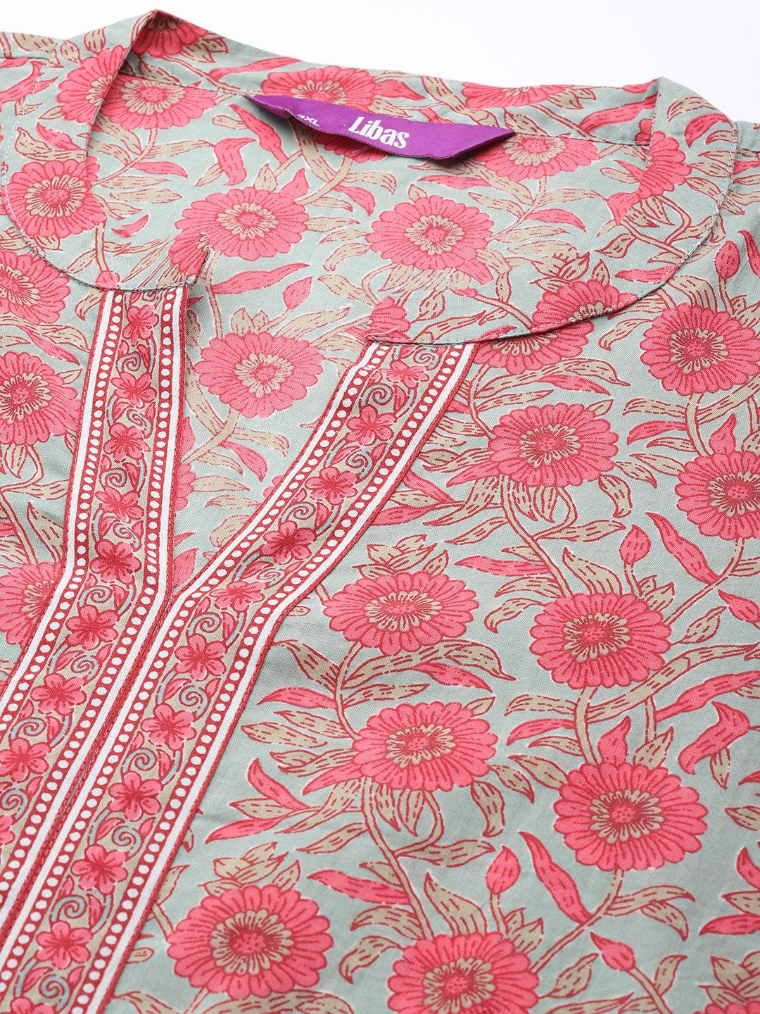Plus Size Multicoloured Printed Cotton Suit Set - Libas