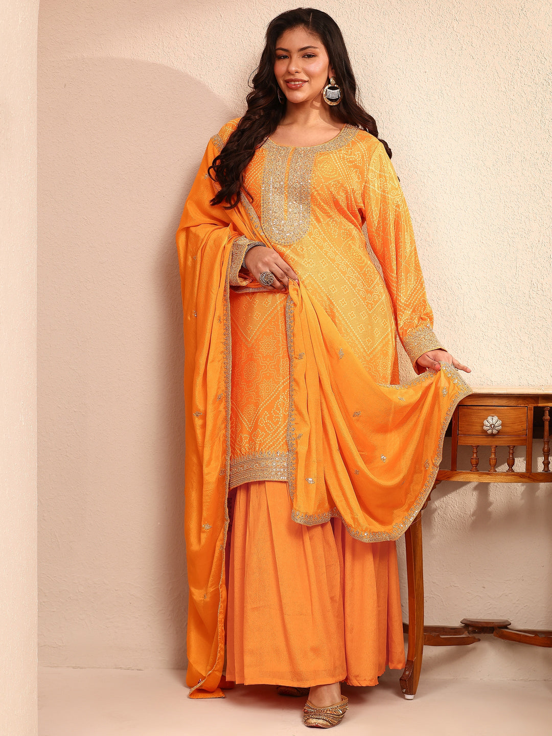 Plus Size Mustard Bandhani Bandhani Print Plus Size Clothing Chinon Straight Suit Set With Dupatta