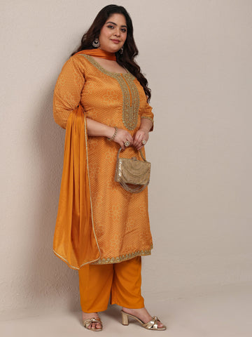 Plus Size Mustard Bandhani Embroidered Silk Blend Straight Suit Set With Dupatta