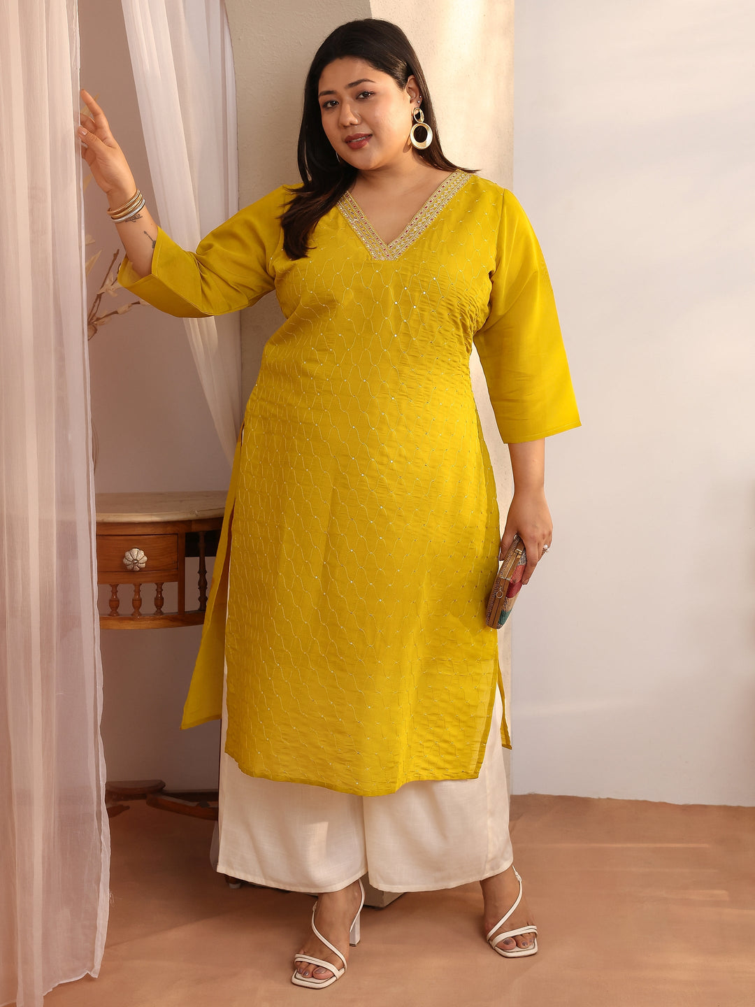 Plus Size Mustard Embellished Silk Blend Straight Kurta