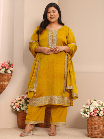 Plus Size Mustard Embroidered Chiffon Straight Suit Set With Dupatta