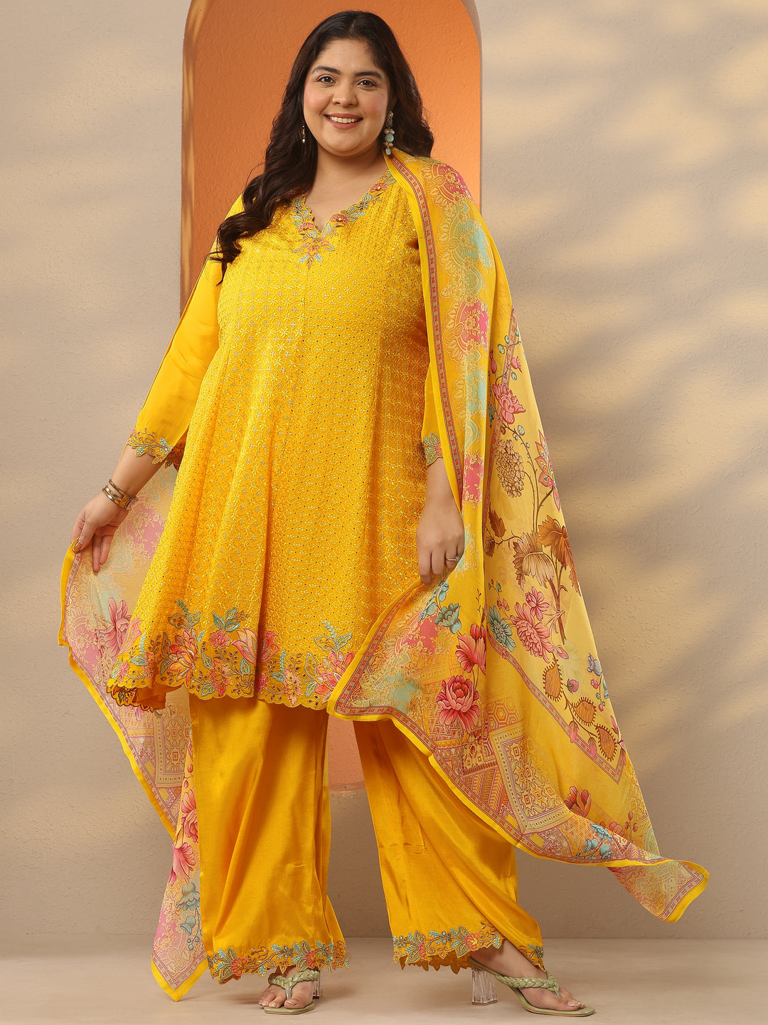 Plus Size Mustard Embroidered Organza A-Line Suit Set With Dupatta