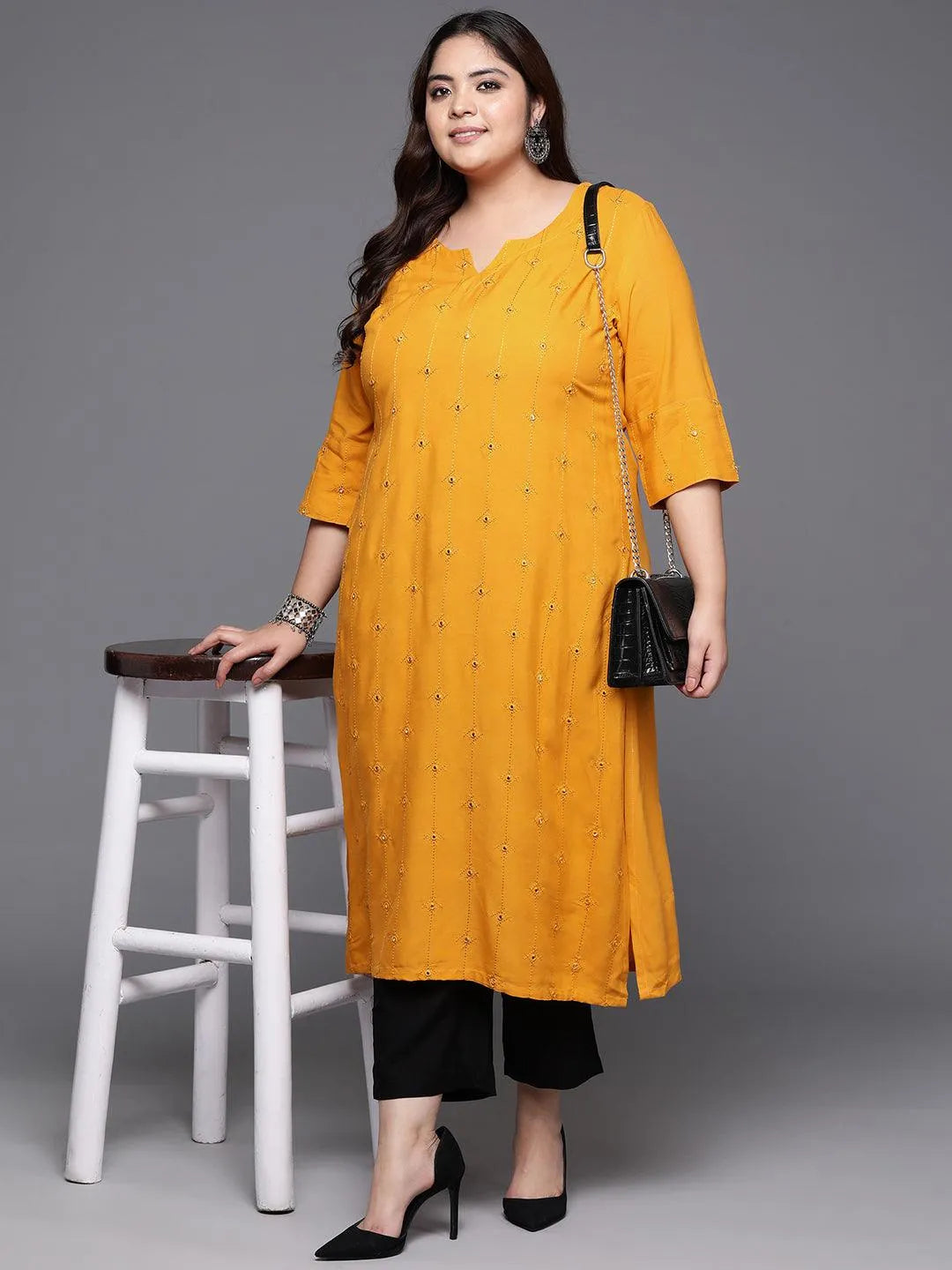 libas Plus Size Mustard Embroidered Rayon Straight Kurta-picture-12