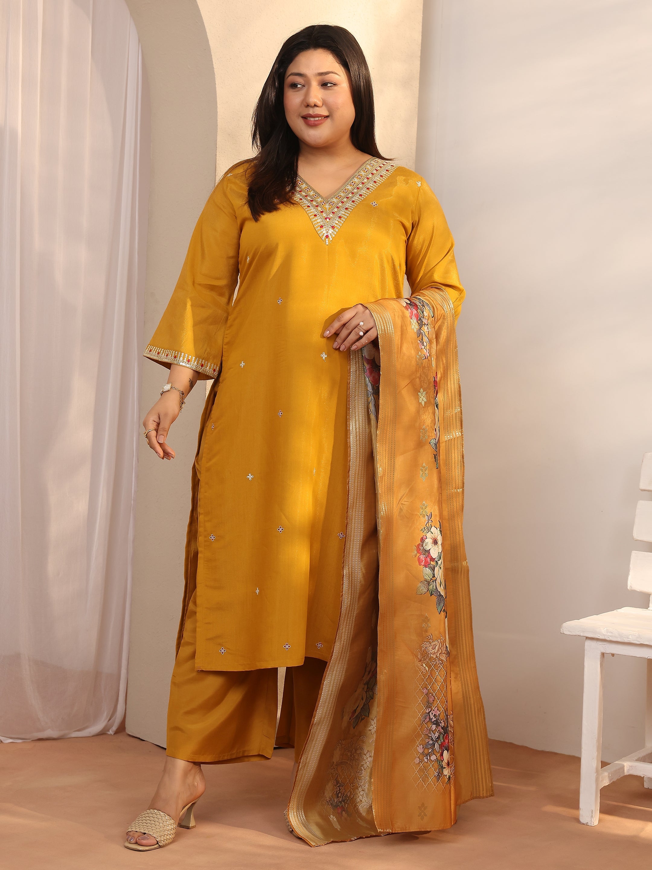 libas Plus Size Mustard Embroidered Silk blend Straight Suit Set With Dupatta-picture-12