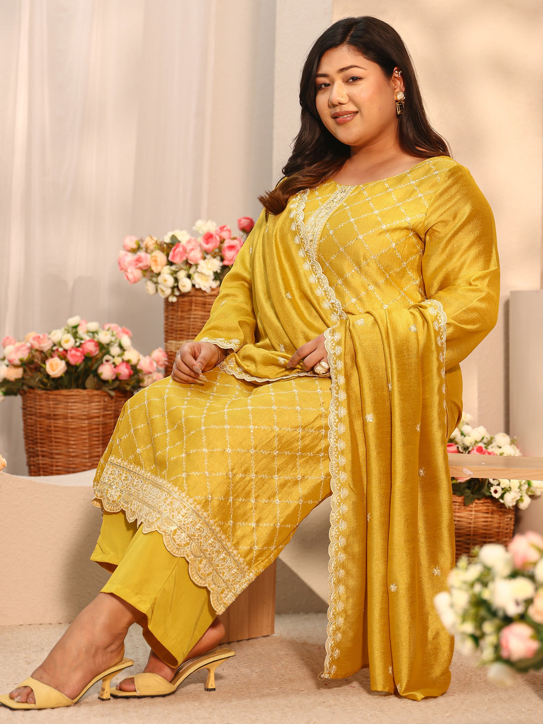 Plus Size Mustard Embroidered Silk Blend Straight Suit Set With Dupatta