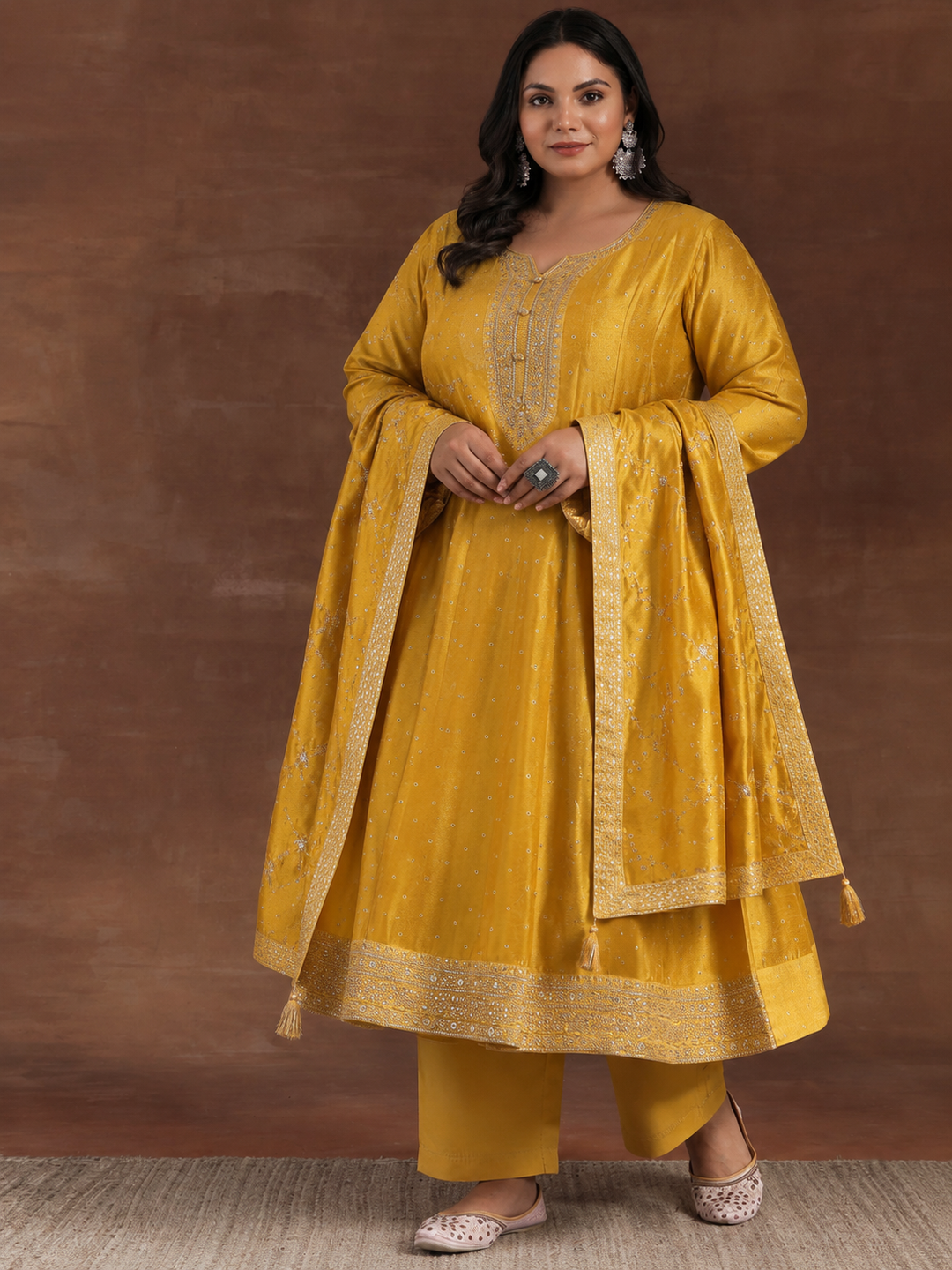 Plus Size Mustard Floral Embroidered Silk Blend A-Line Suit Set