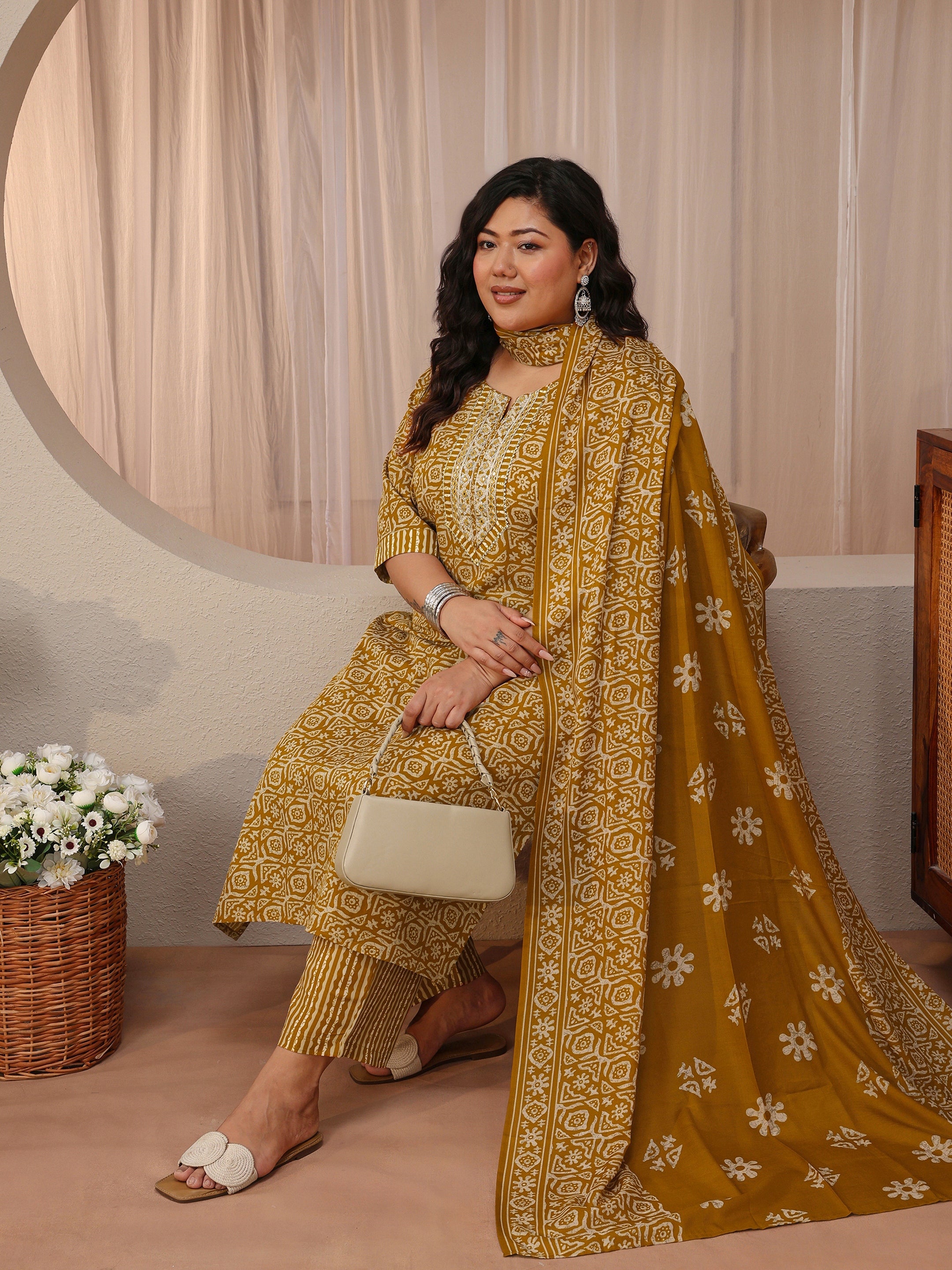 libas Plus Size Mustard Geometric Print Cotton Blend Straight Suit Set-picture-32