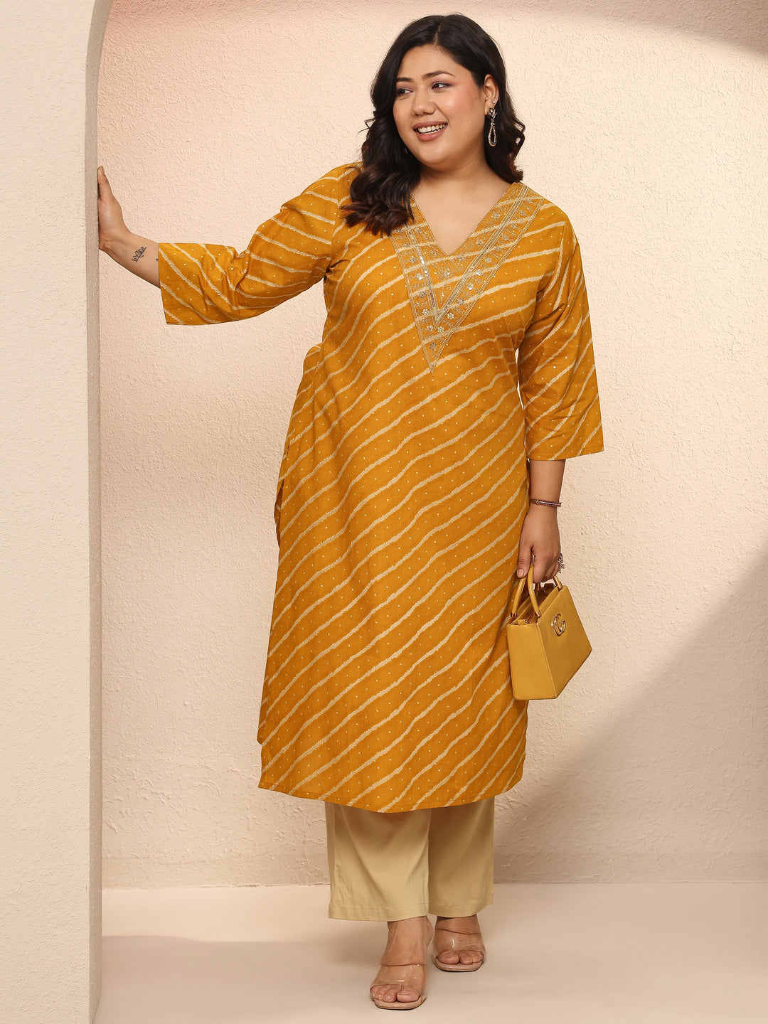  Plus Size Mustard Leheriya Printed Cotton Straight Kurta 