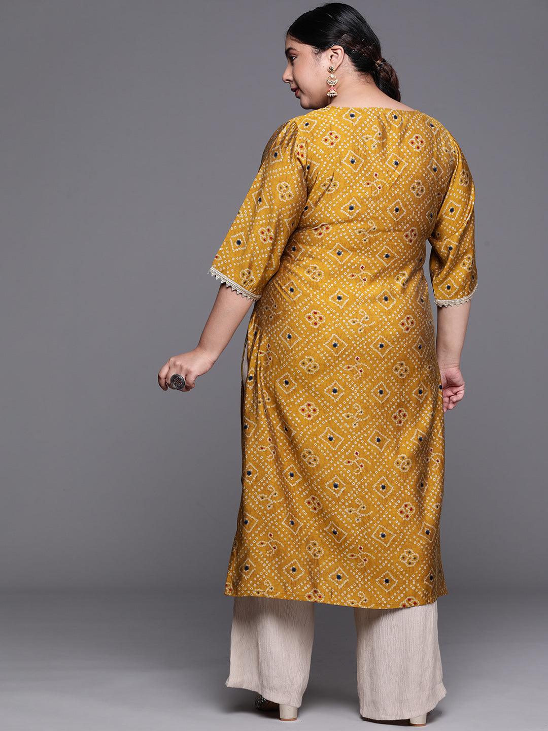 Plus Size Mustard Printed Chanderi Silk Kurta - Libas