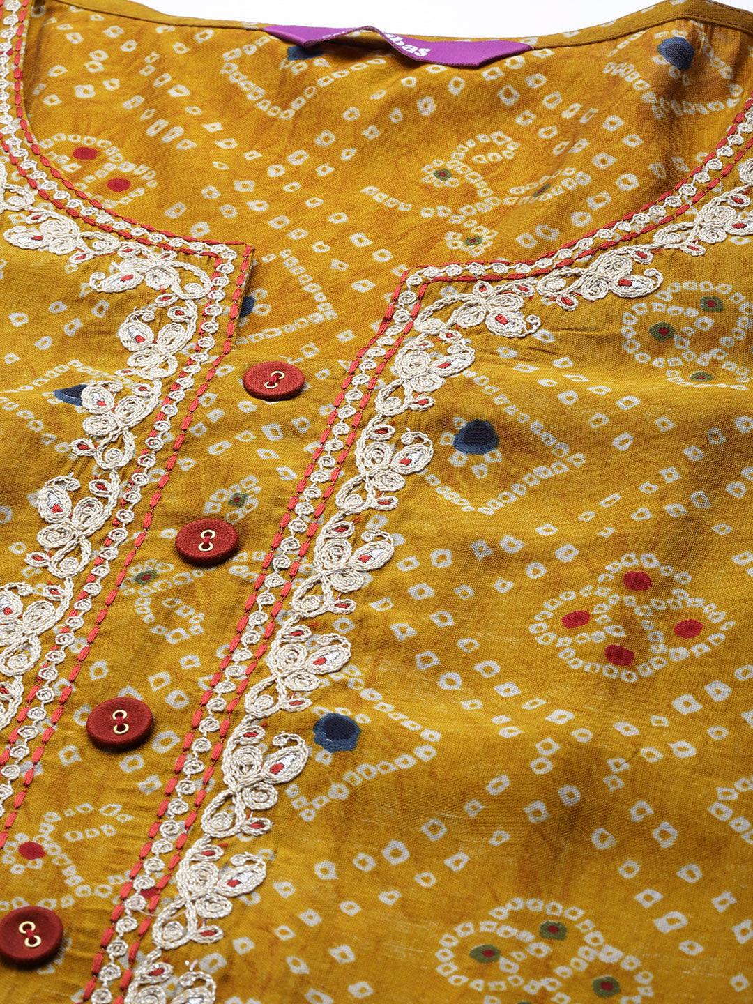 Plus Size Mustard Printed Chanderi Silk Kurta - Libas