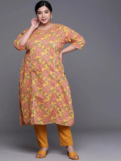 Plus Size Mustard Printed Cotton Kurta - Libas