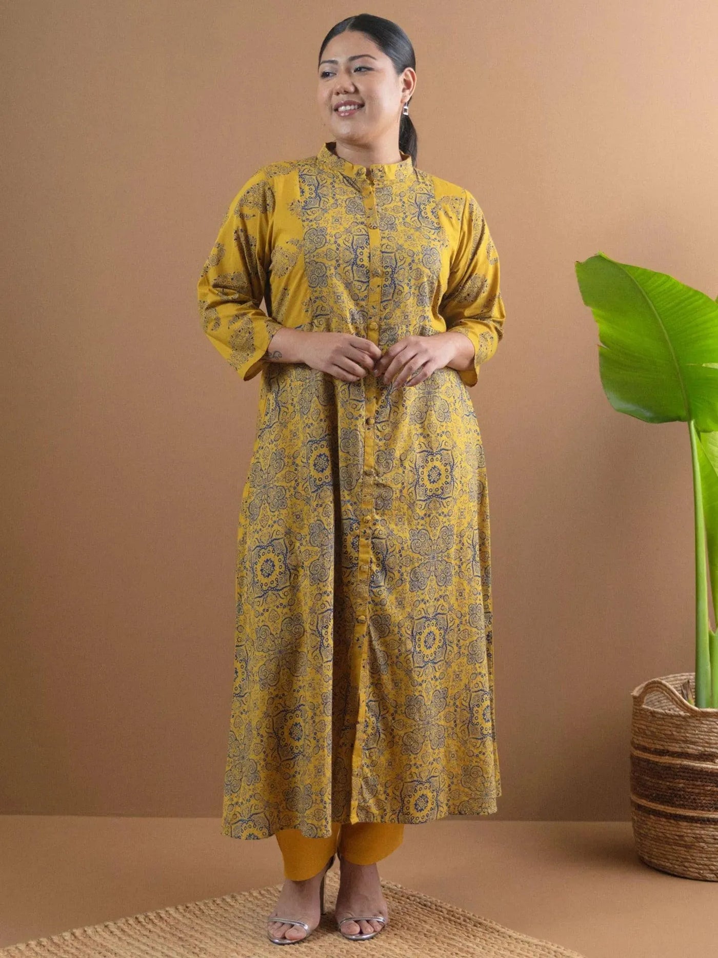 Plus Size Mustard Printed Cotton Kurta - Libas