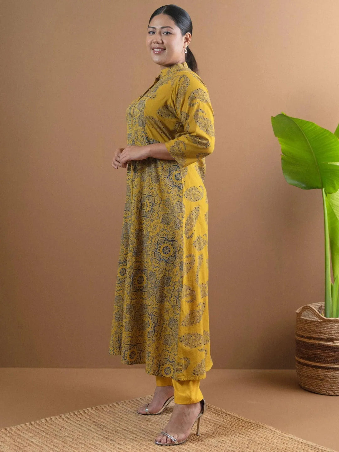 Plus Size Mustard Printed Cotton Kurta - Libas 