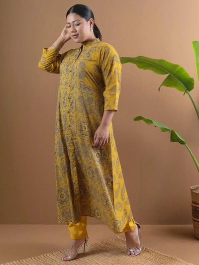 Plus Size Mustard Printed Cotton Kurta - Libas