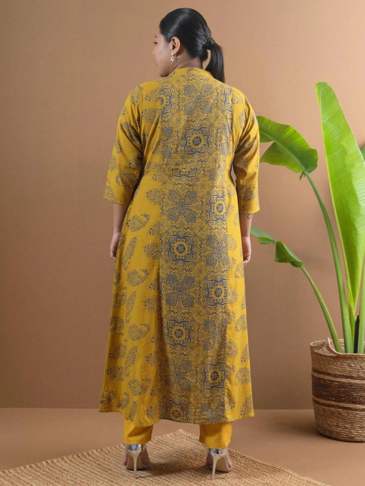 Plus Size Mustard Printed Cotton Kurta - Libas