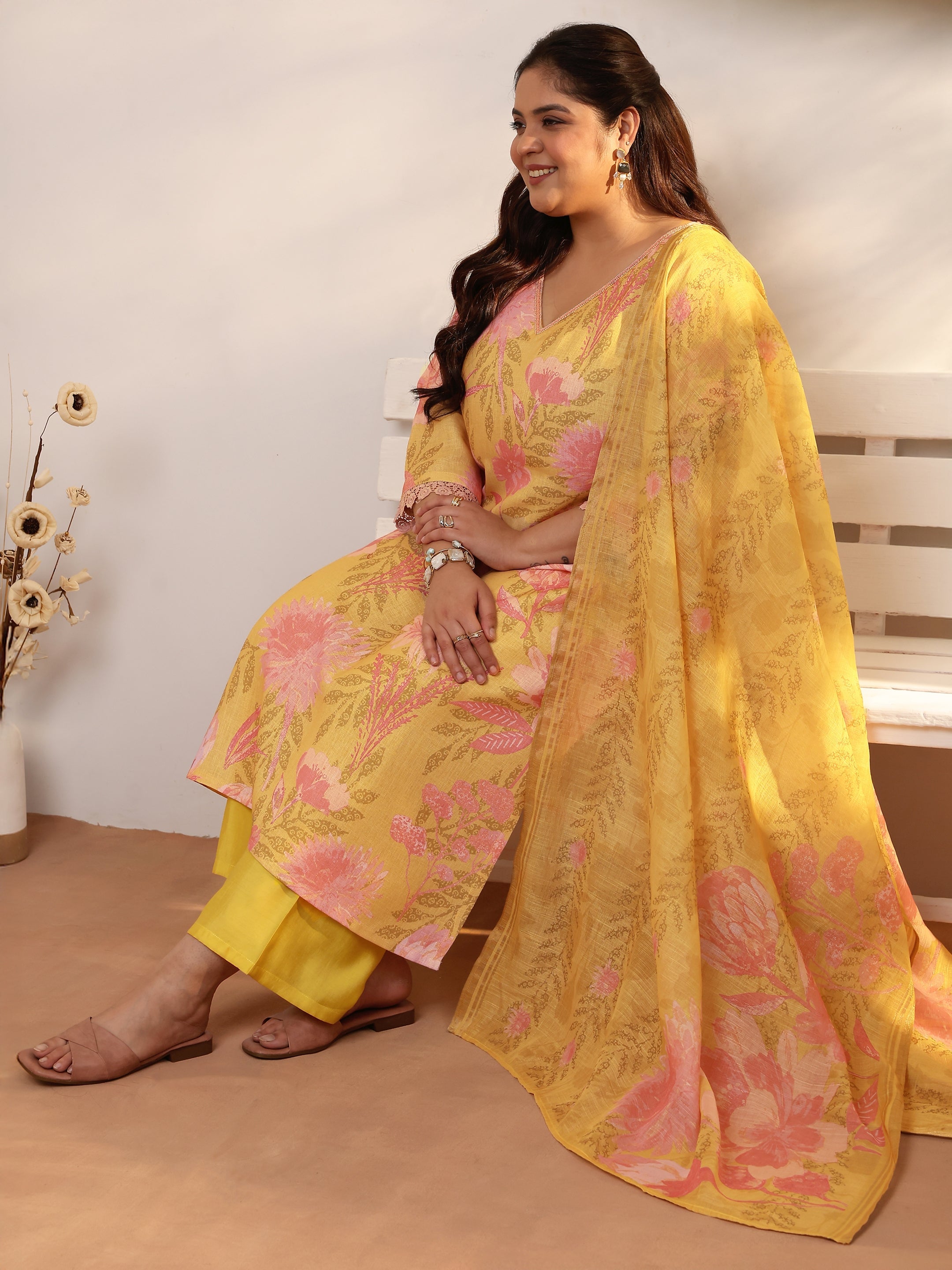 libas Plus Size Mustard Printed Linen Straight Suit Set With Dupatta-picture-33