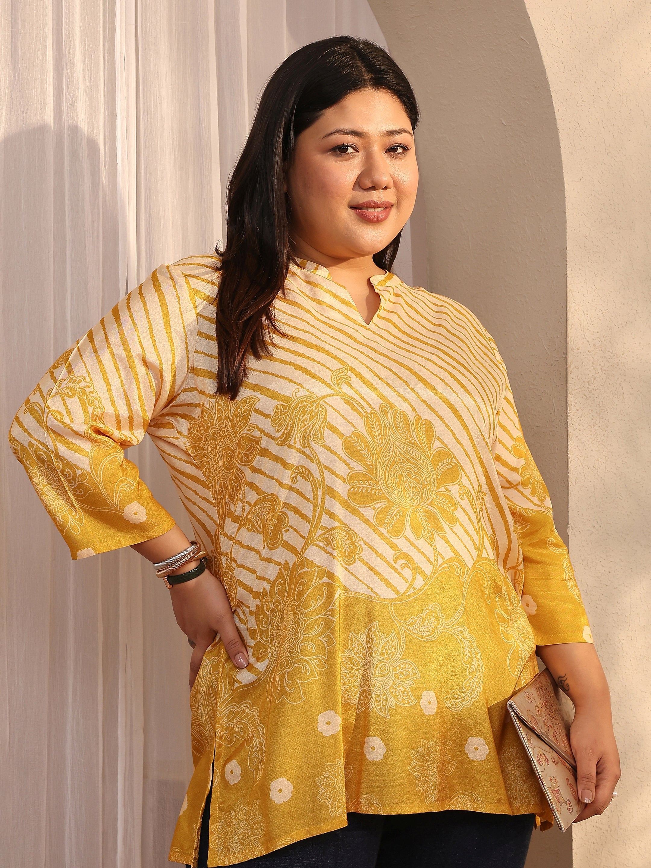 Plus Size Mustard Printed Muslin Straight Short Kurti-image-9