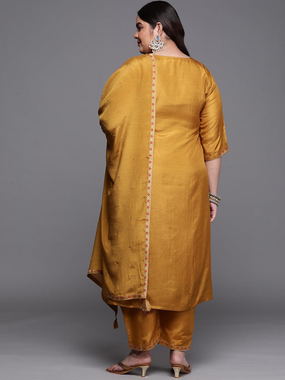 Plus Size Mustard Self Design Silk Blend Suit Set - Libas