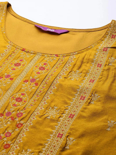 Plus Size Mustard Self Design Silk Blend Suit Set - Libas