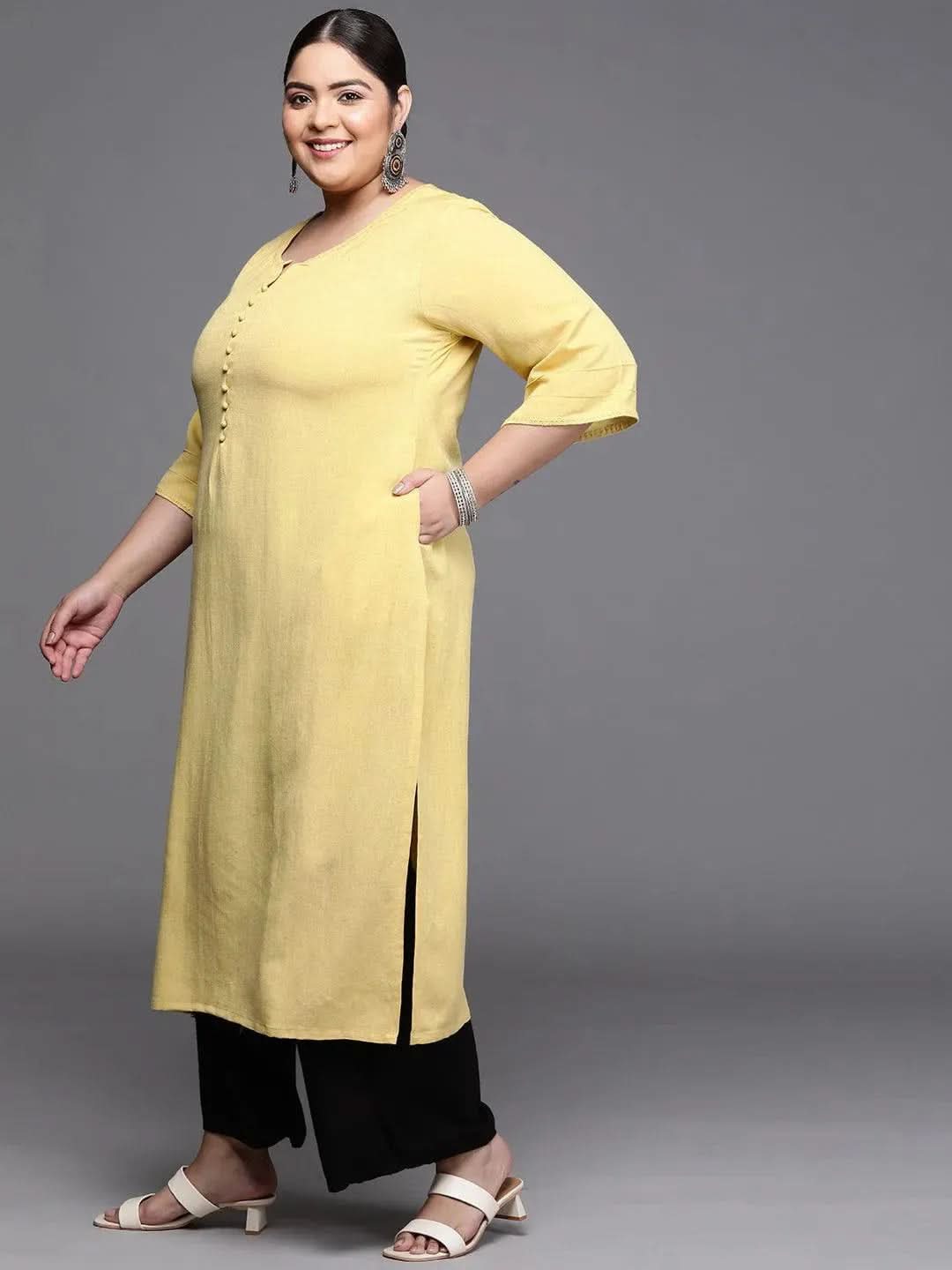 Plus Size Mustard Solid Rayon Kurta - Libas 