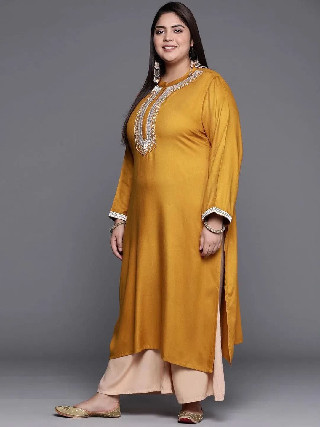 Plus Size Mustard Solid Wool Kurta - Libas 
