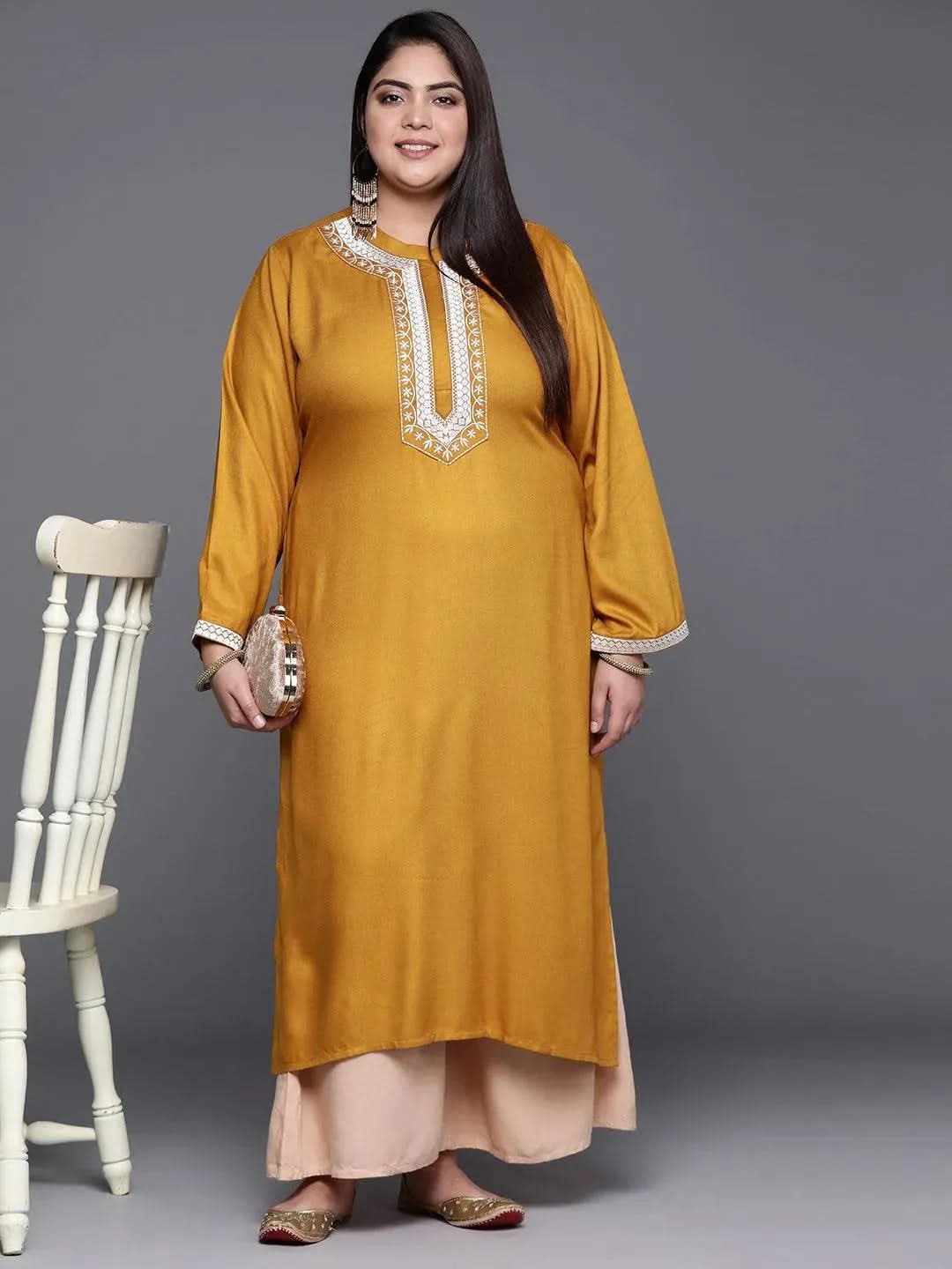 Plus Size Mustard Solid Wool Kurta - Libas 