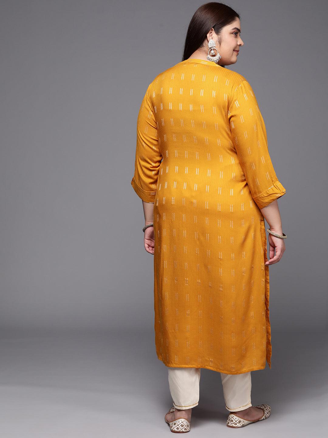 Plus Size Mustard Woven Design Rayon Straight Kurta