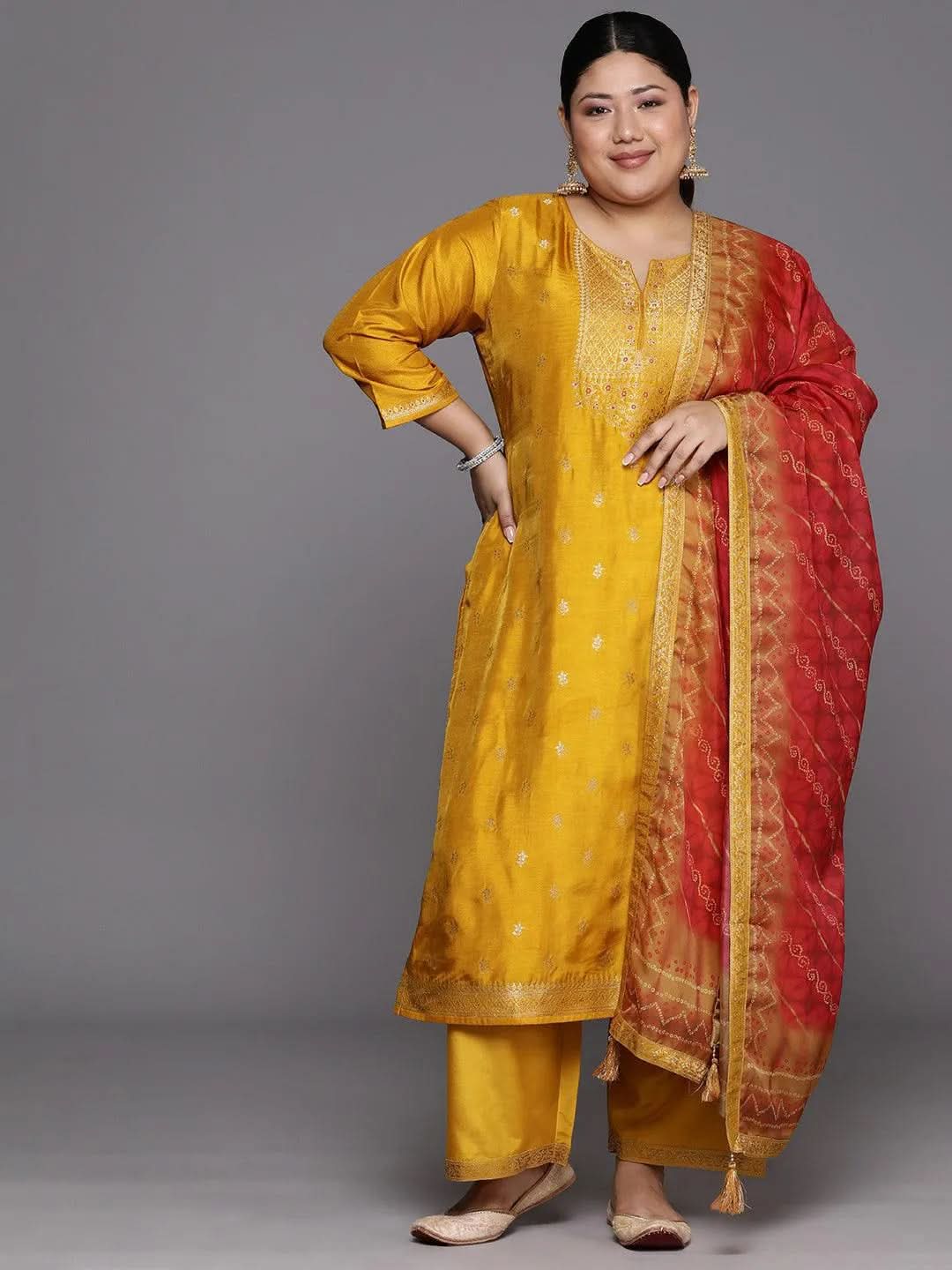 Plus Size Mustard Woven Design Silk Blend Straight Suit Set - Libas