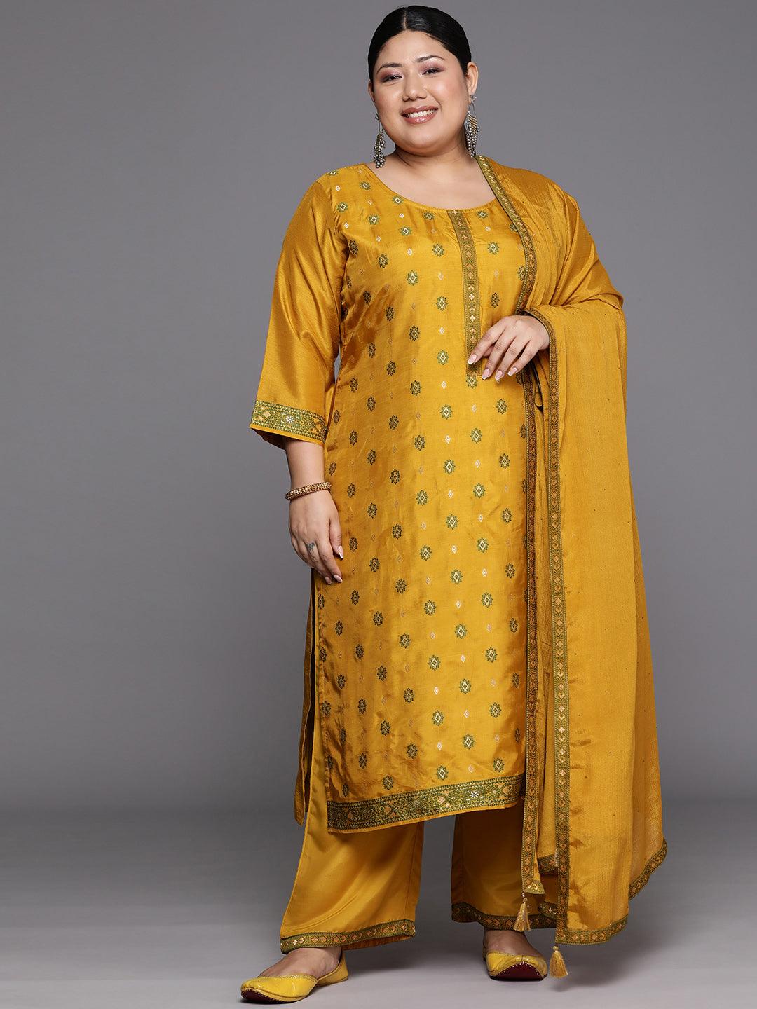 Plus Size Mustard Woven Design Silk Blend Straight Suit Set - Libas