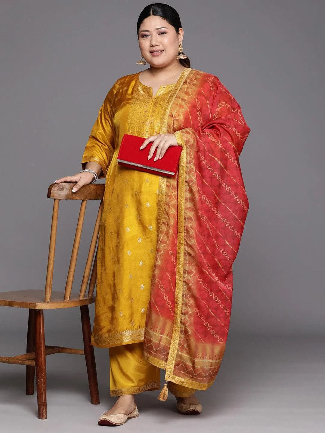 Plus Size Mustard Woven Design Silk Blend Straight Suit Set - Libas 