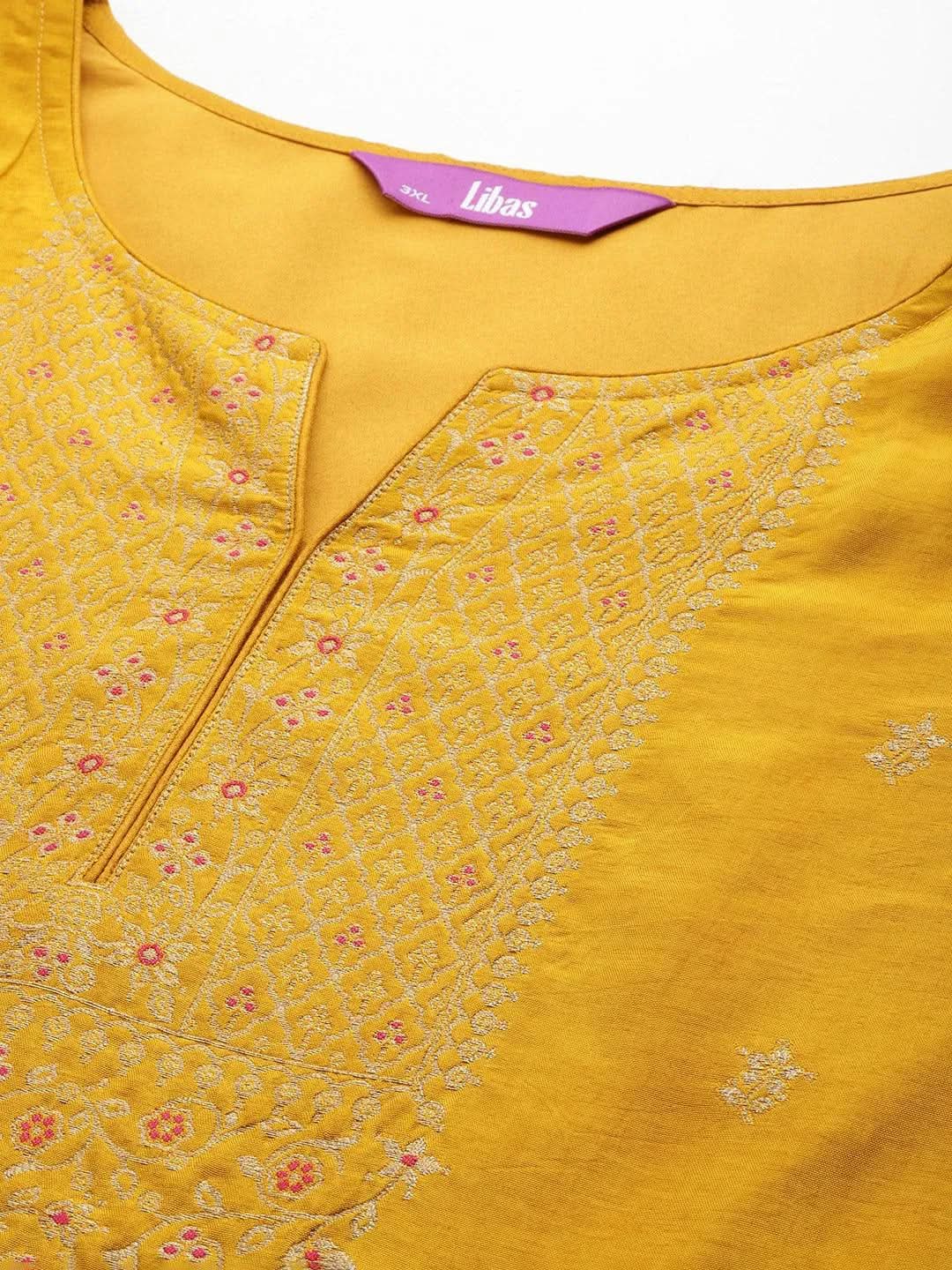 Plus Size Mustard Woven Design Silk Blend Straight Suit Set - Libas 