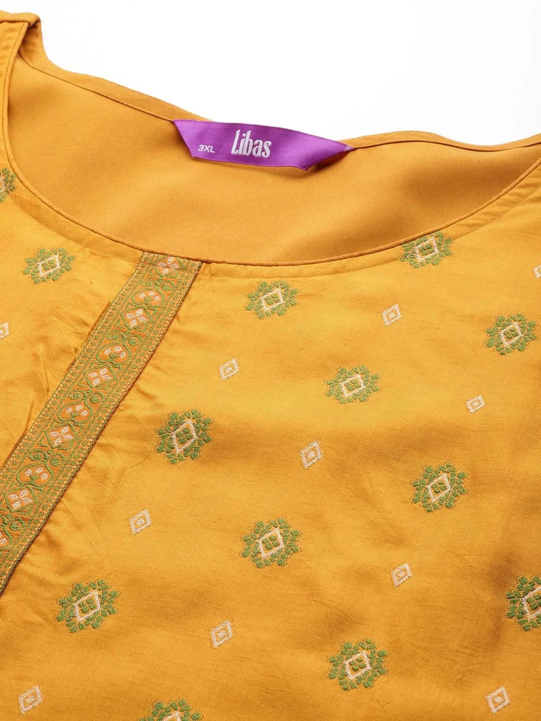 Plus Size Mustard Woven Design Silk Blend Straight Suit Set - Libas 