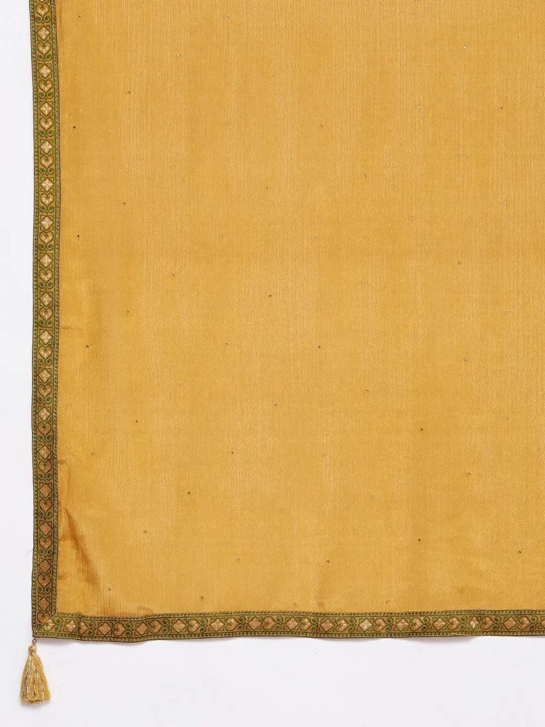 Plus Size Mustard Woven Design Silk Blend Straight Suit Set - Libas 