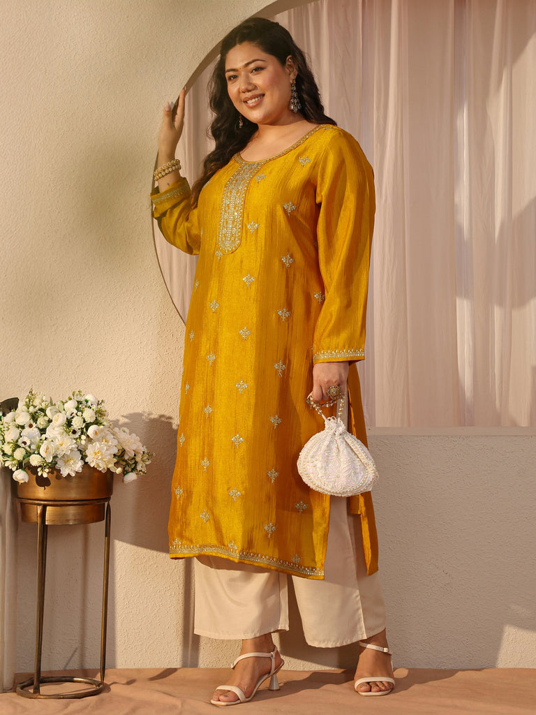 Plus Size Mustard Yoke Design Silk Straight Kurta