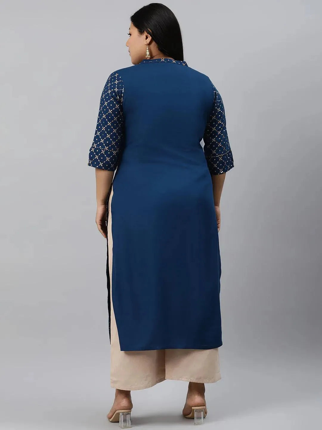 Plus Size Navy Blue Checkered Rayon Kurta - Libas 