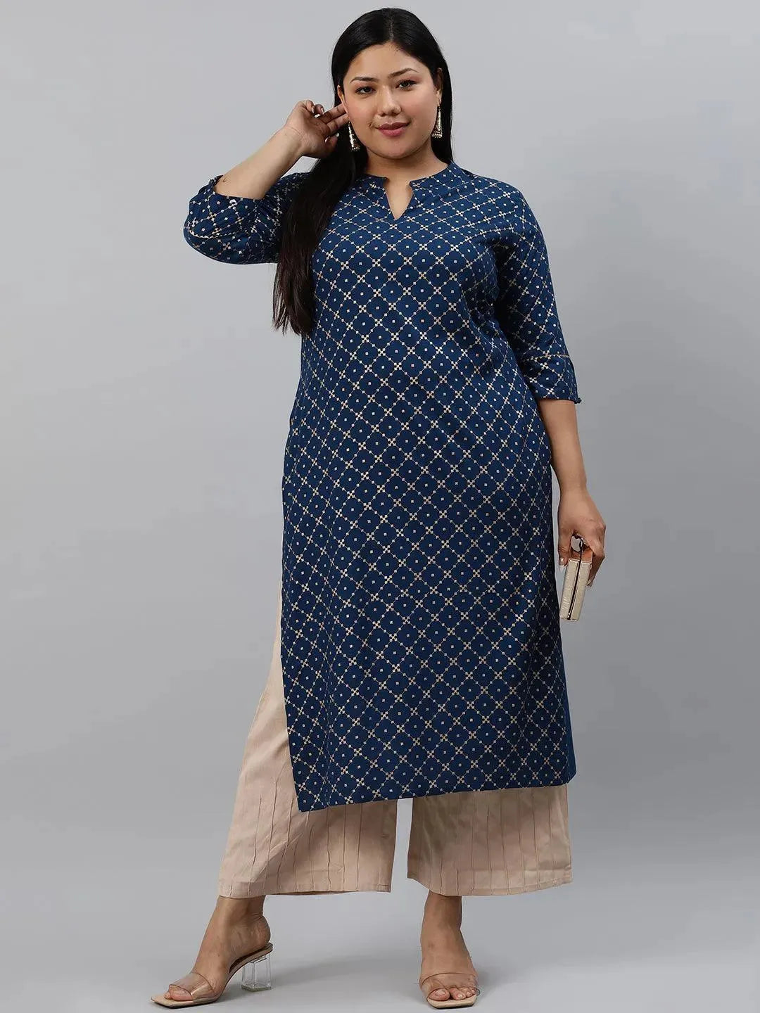 Plus Size Navy Blue Checkered Rayon Kurta - Libas 