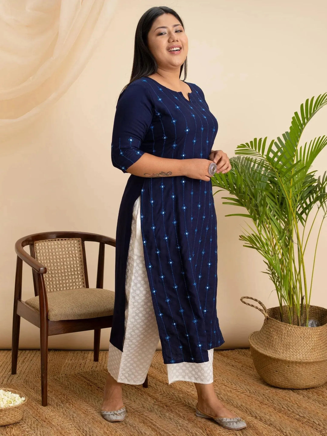 Plus Size Navy Blue Embroidered Rayon Kurta - Libas